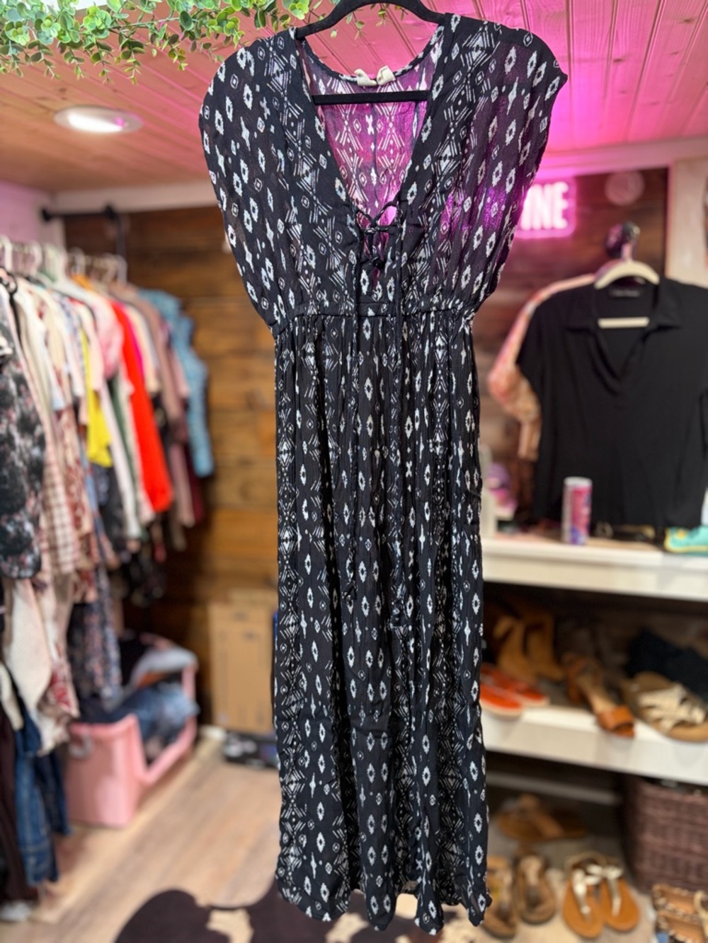 Black Patterned Cap-Sleeve Maxi cover up Dress